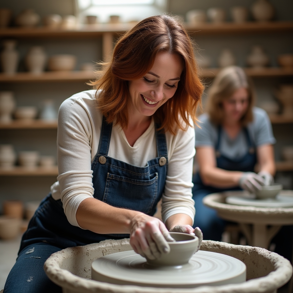 Atelier de ceramică cu adulți modelând lut la roată