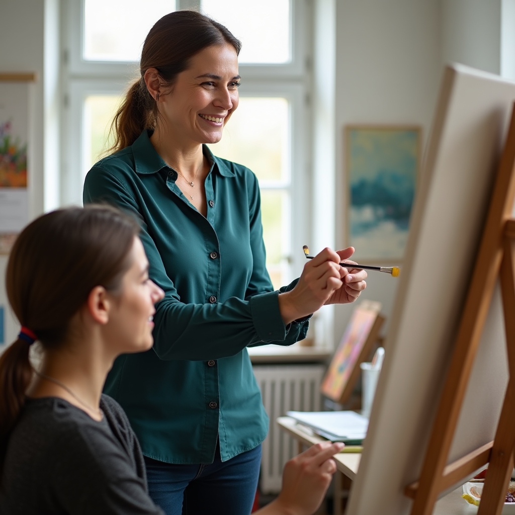 Instructor ghidând un participant la cursul de artă în studio